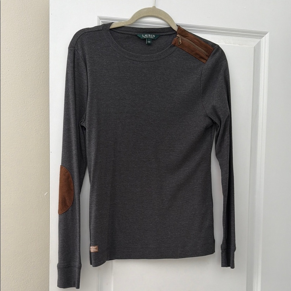 Ralph Lauren Charcoal Gray Long Sleeve Sweater with Brown Elbow Patch